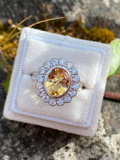 4.45 CTW Oval Cut Citrine and Moissanite Halo Cocktail Ring in Sterling Silver