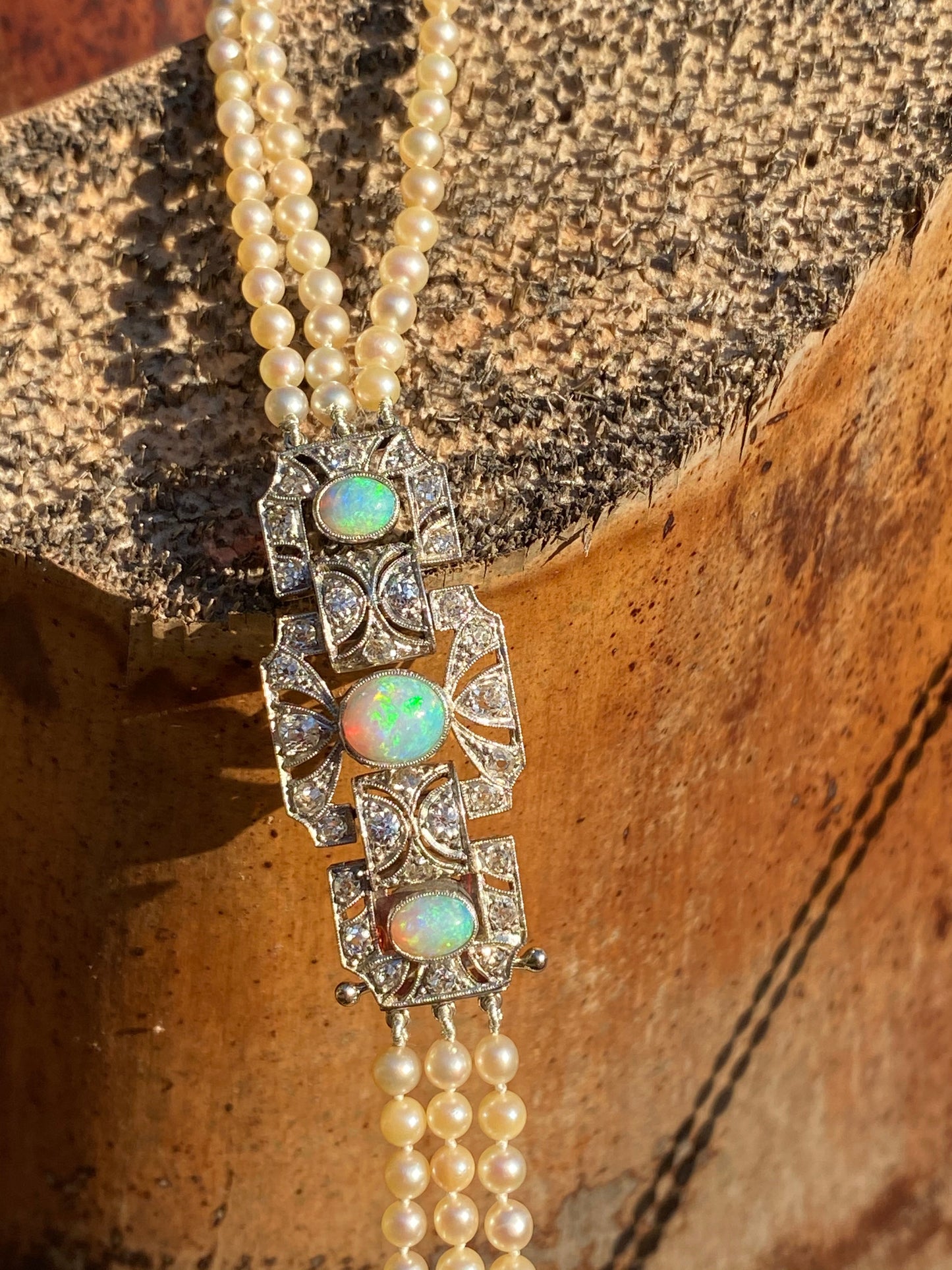 Antique Art Deco Natural Saltwater Pearl Three Strand Necklace with Opals and Antique Diamonds in Platinum 