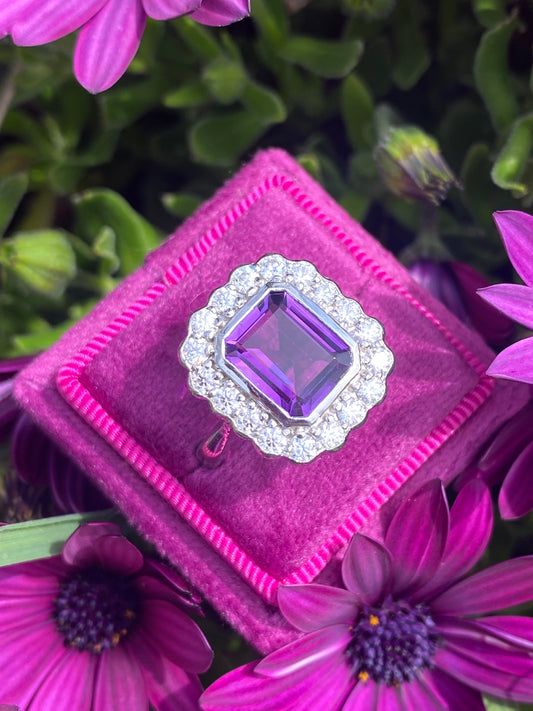 4.25 CTW Emerald Cut Amethyst and Moissanite Halo Cocktail Ring in Sterling Silver