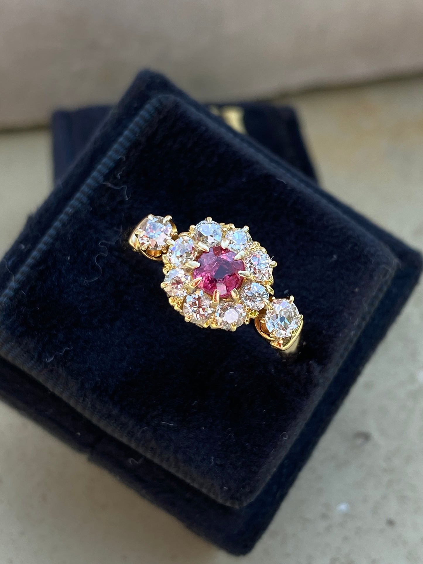 1.20 CTW Antique Ruby and Diamond Halo Ring in 18ct Yellow Gold