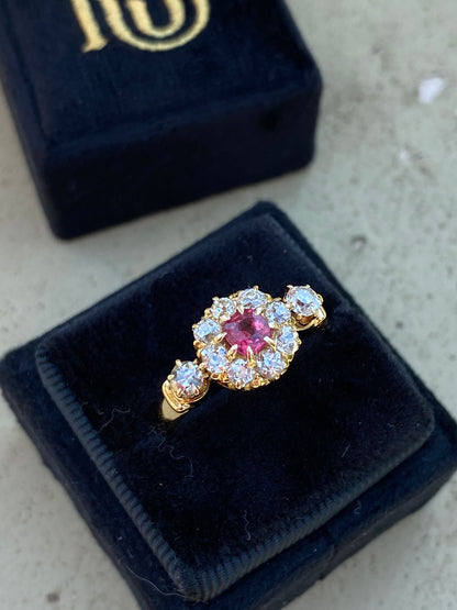 1.20 CTW Antique Ruby and Diamond Halo Ring in 18ct Yellow Gold