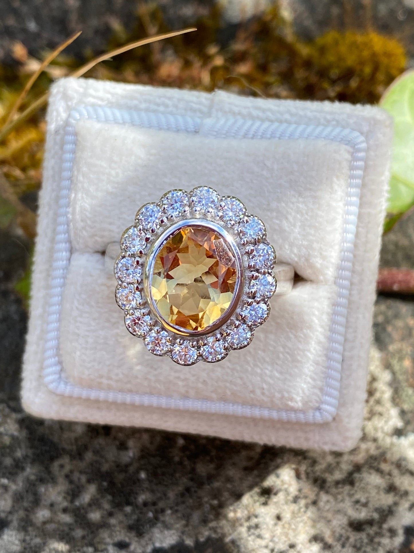 4.45 CTW Oval Cut Citrine and Moissanite Halo Cocktail Ring in Sterling Silver