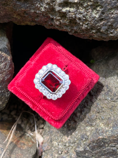 4.25 CTW Emerald Cut Garnet and Moissanite Halo Cocktail Ring in Sterling Silver