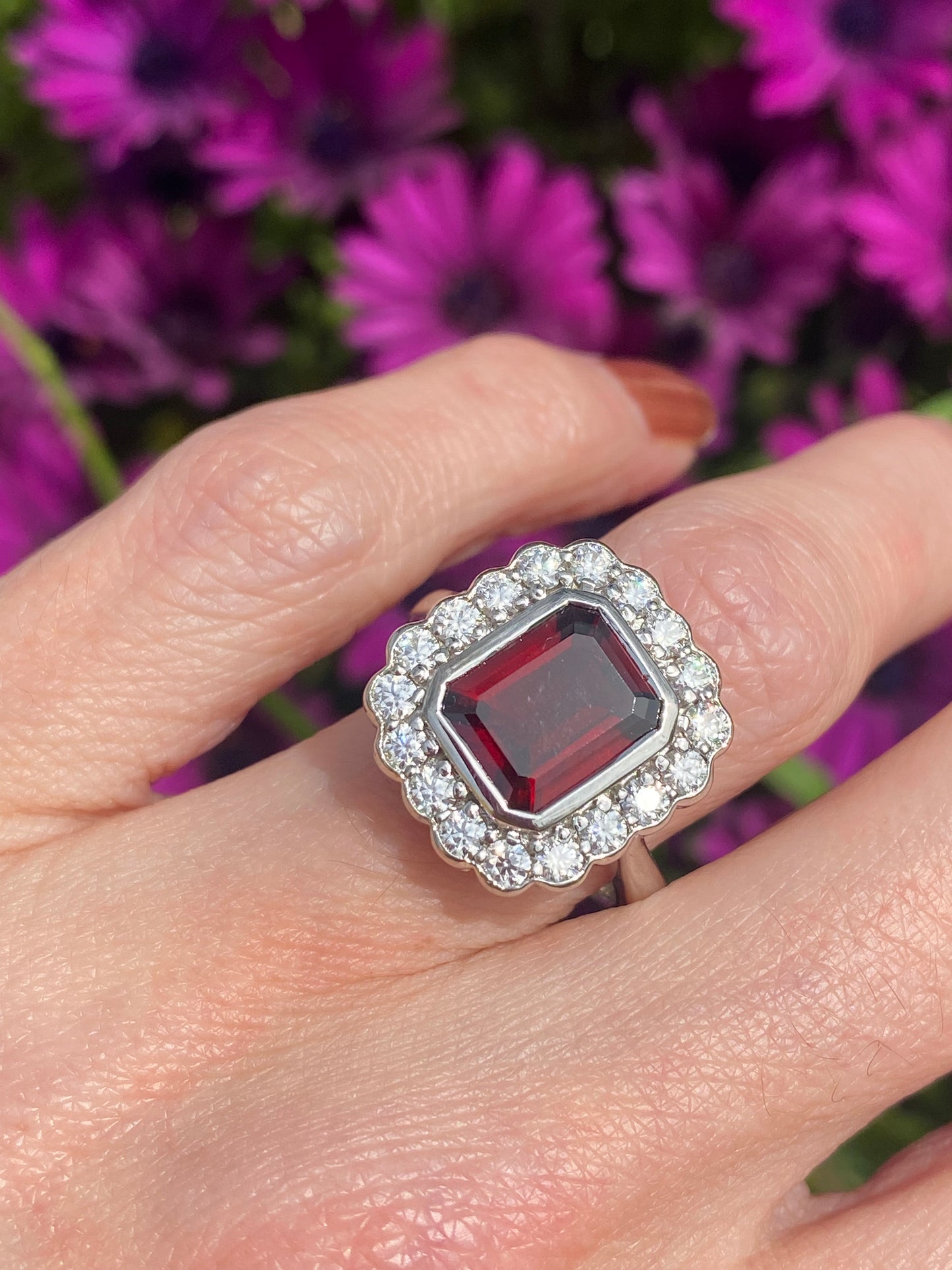 4.25 CTW Emerald Cut Garnet and Moissanite Halo Cocktail Ring in Sterling Silver