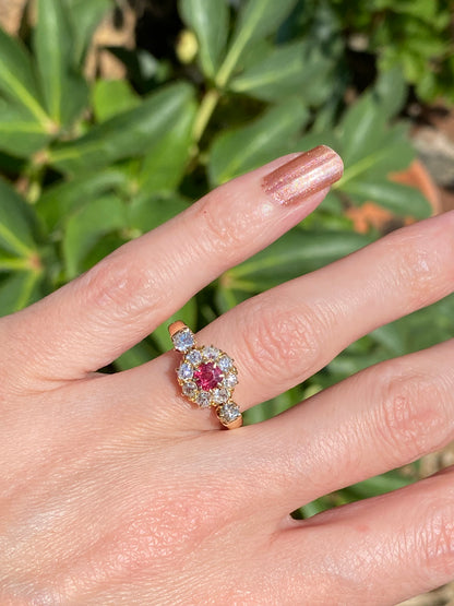 1.20 CTW Antique Ruby and Diamond Halo Ring in 18ct Yellow Gold