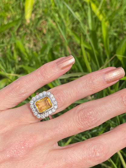 4.25 CTW Emerald Cut Citrine and Moissanite Halo Cocktail Ring