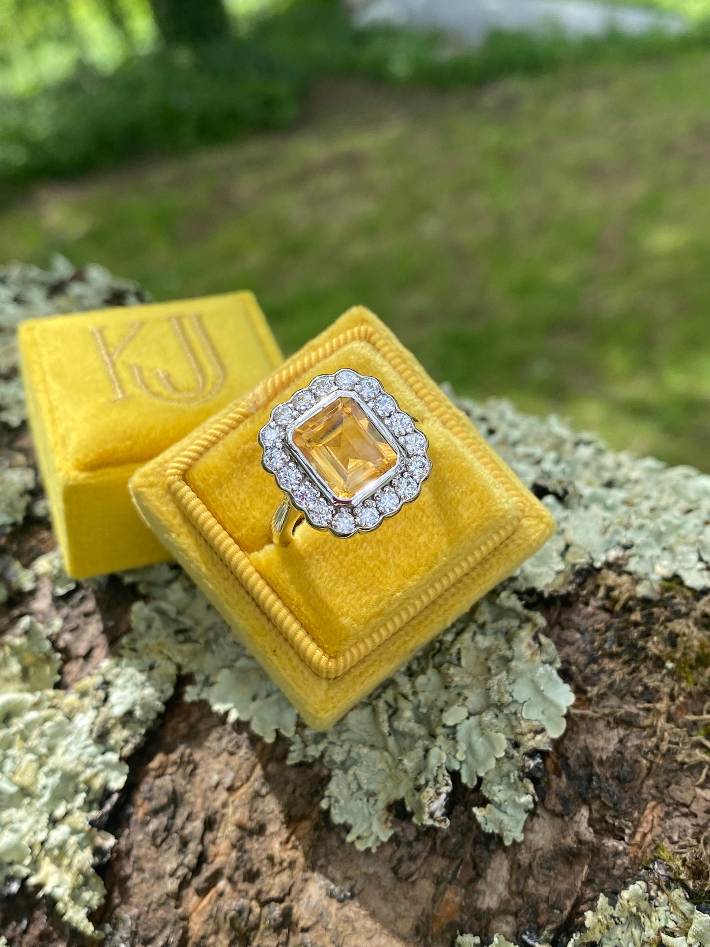 4.25 CTW Emerald Cut Citrine and Moissanite Halo Cocktail Ring