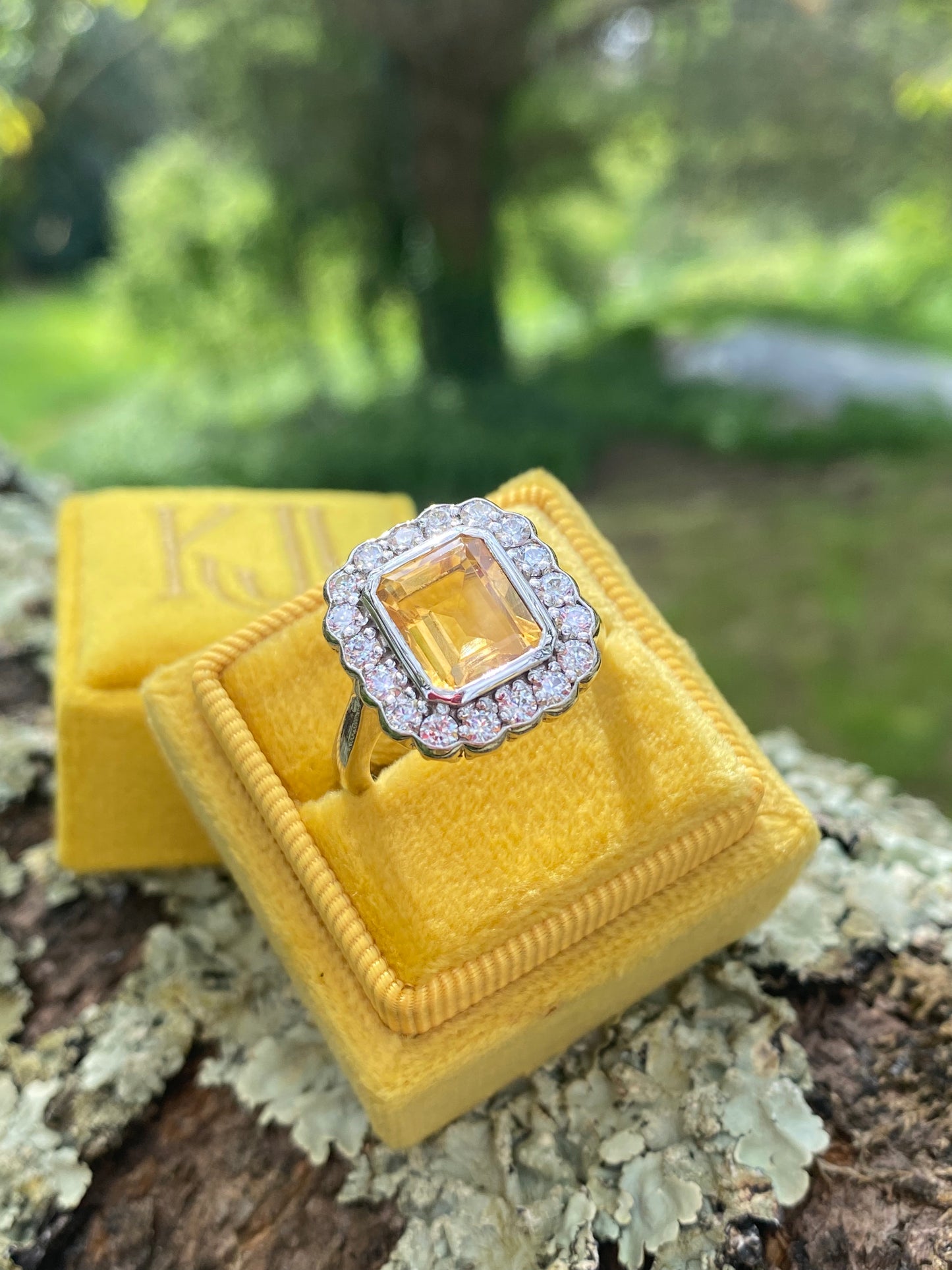 4.25 CTW Emerald Cut Citrine and Moissanite Halo Cocktail Ring