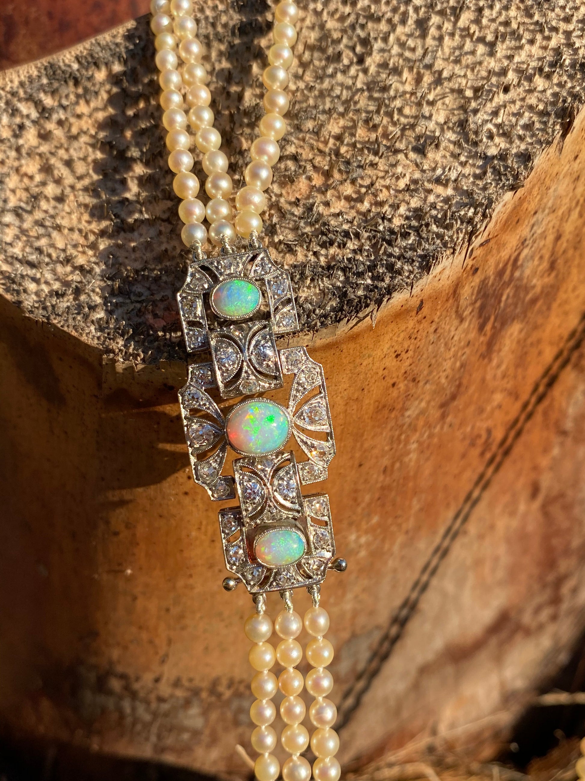 Antique Art Deco Natural Saltwater Pearl Three Strand Necklace with Opals and Antique Diamonds in Platinum 