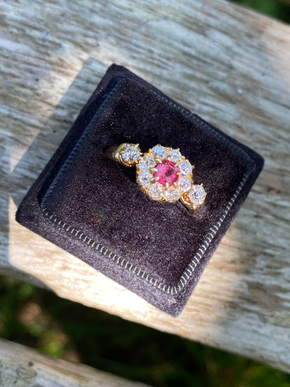 1.20 CTW Antique Ruby and Diamond Halo Ring in 18ct Yellow Gold