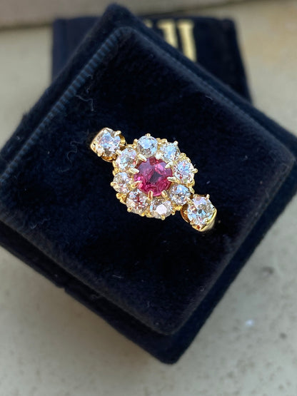 1.20 CTW Antique Ruby and Diamond Halo Ring in 18ct Yellow Gold