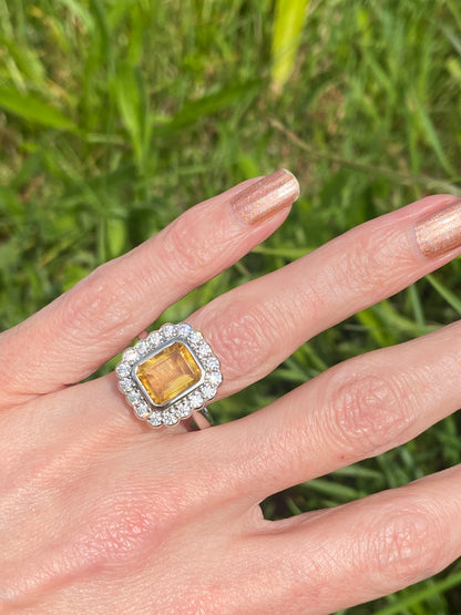 4.25 CTW Emerald Cut Citrine and Moissanite Halo Cocktail Ring