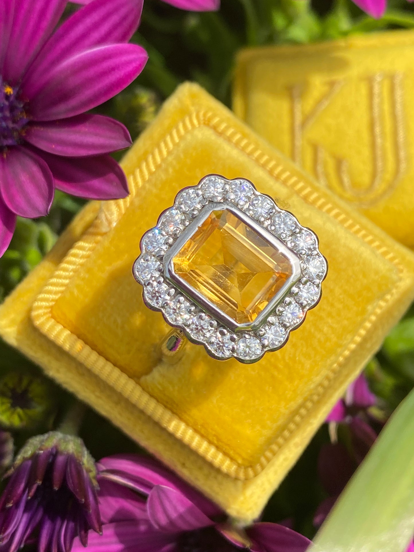 4.25 CTW Emerald Cut Citrine and Moissanite Halo Cocktail Ring