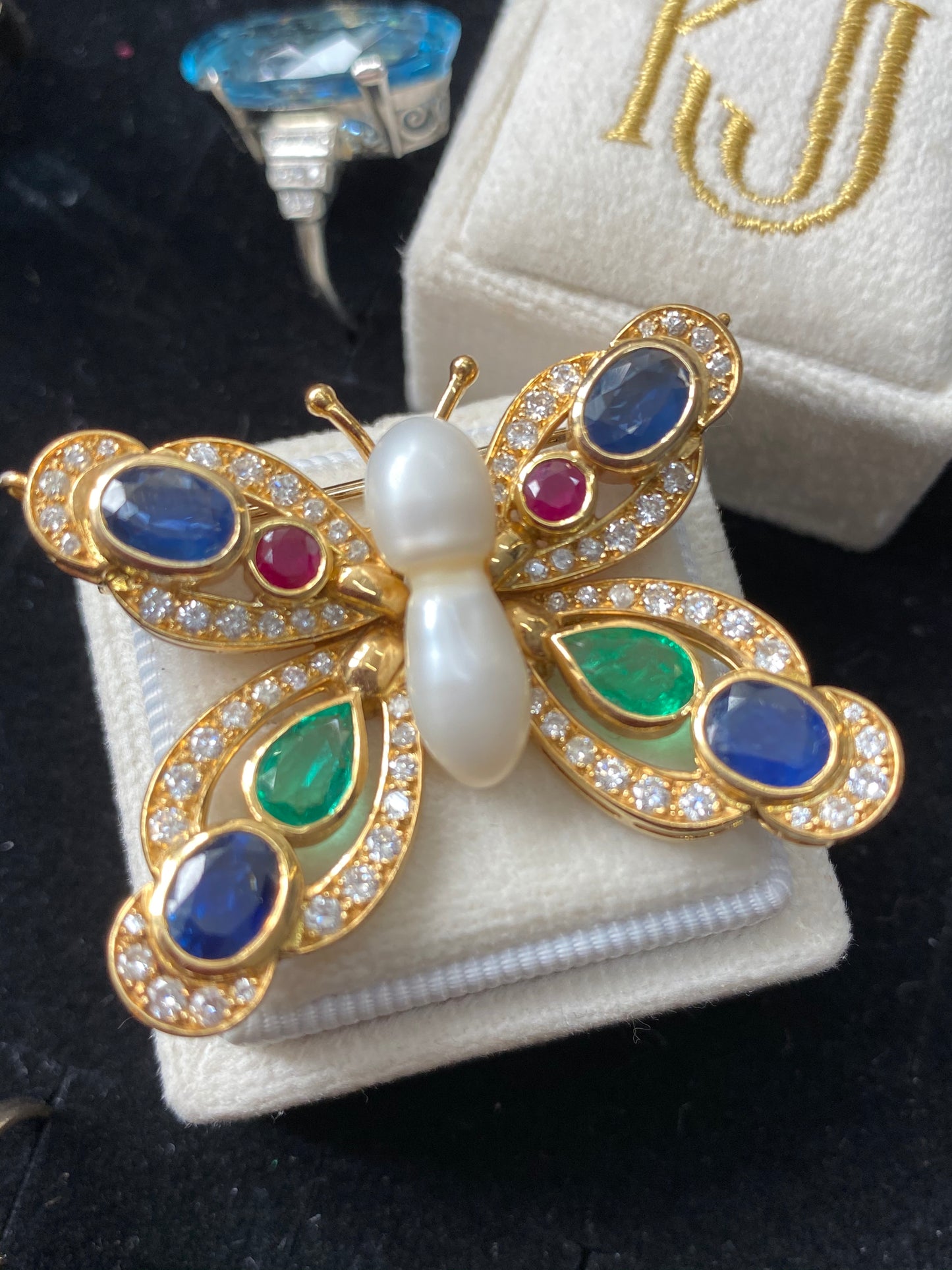 Baroque Pearl, Diamond, Emerald, Blue Sapphire and Ruby Butterfly Brooch in 18ct Yellow Gold