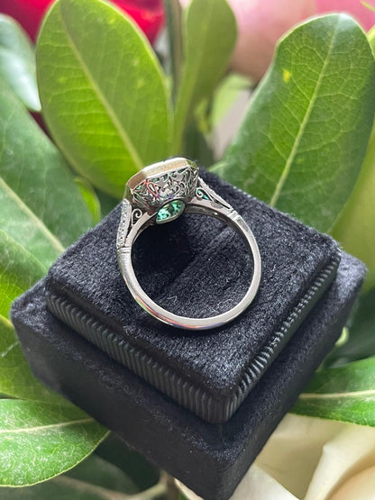 2.30 Carat Diamond and Emerald Antique Art Deco Halo Engagement Ring in 18ct White Gold