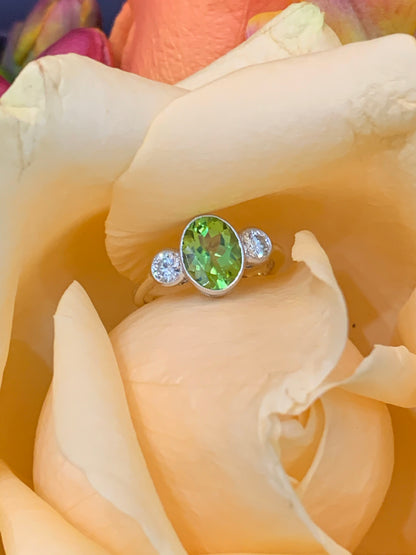 1.85 Carat Peridot and Diamond Three Stone Ring in 18ct Gold