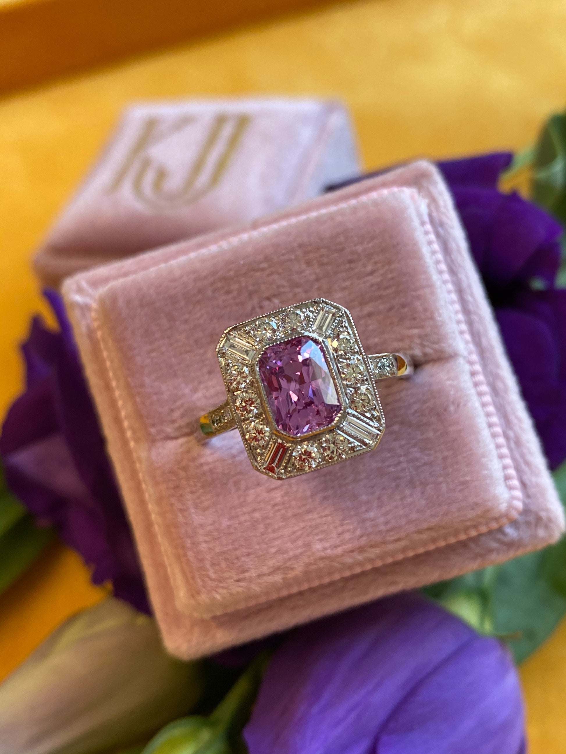 1 Carat Pink Sapphire and Diamond Halo Art Deco Engagement Ring in Platinum 