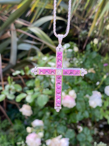 15.00 Carat Pink Sapphire and Diamond Cross Pendant Necklace in 18ct White Gold