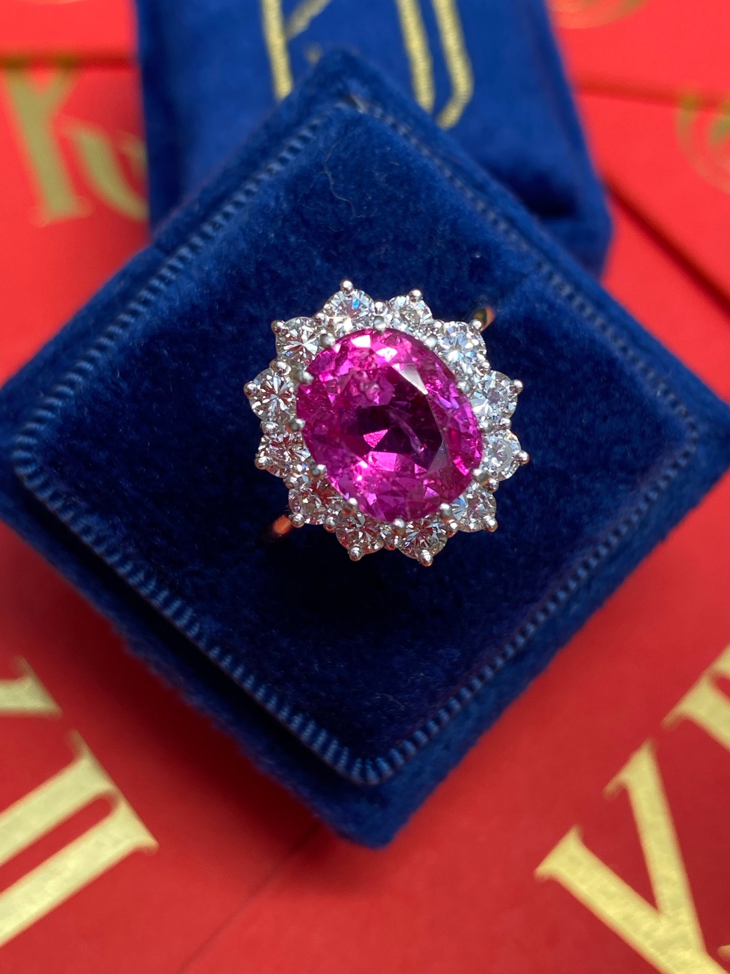 3.50 Carat Oval Pink Sapphire and Diamond Halo Vintage Engagement Ring 