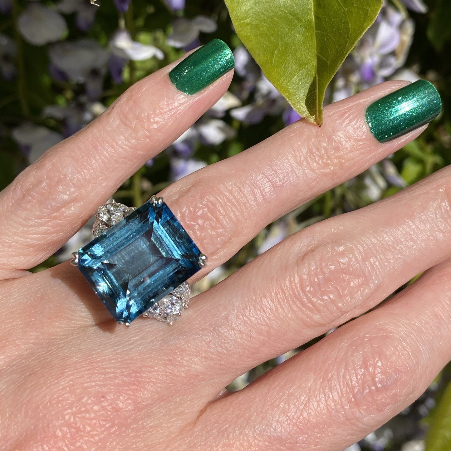 19.50 Carat Aquamarine and Diamond Vintage Cocktail Ring in Platinum