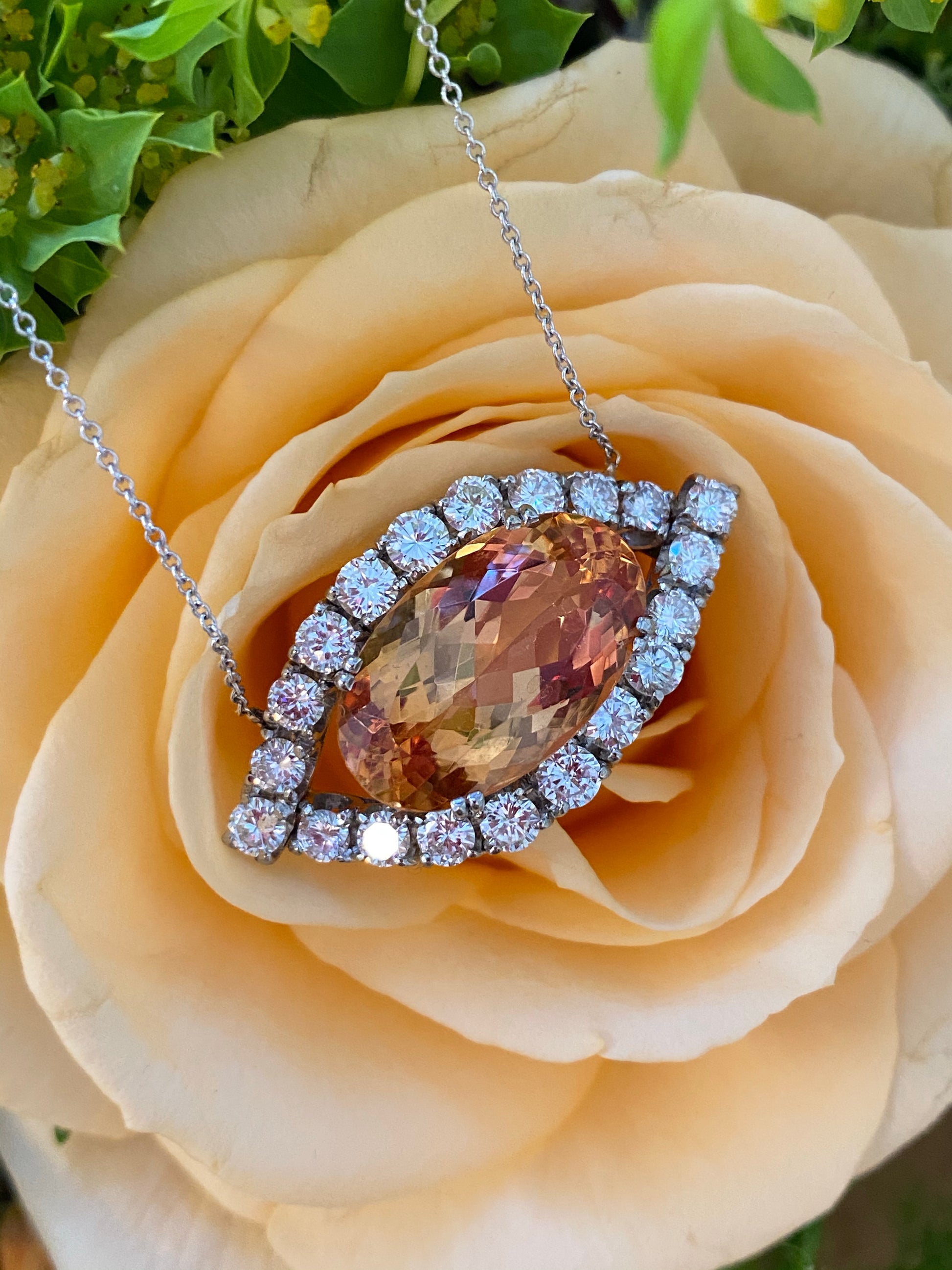 Oval Cut Imperial Topaz and Diamond Vintage Necklace in White Gold 