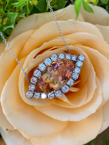 Oval Cut Imperial Topaz and Diamond Vintage Necklace in White Gold 