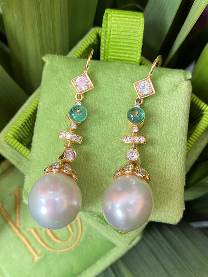 Diamond, Emerald and South Sea Pearl Drop Earrings in 18ct Yellow Gold