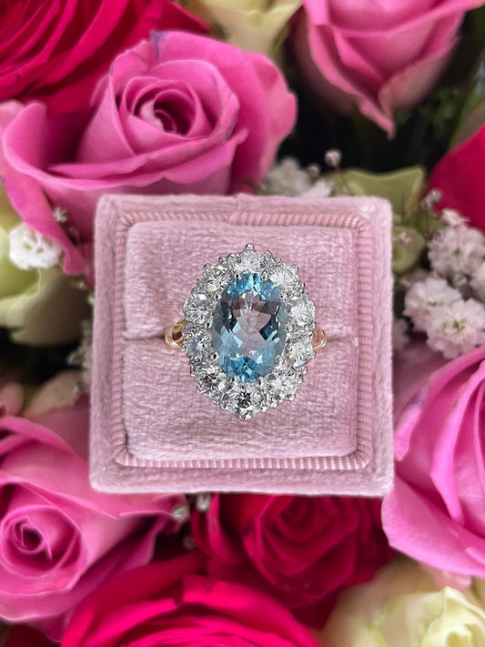 4.80 CTW Oval Aquamarine and Diamond Halo Ring in 18ct Yellow Gold