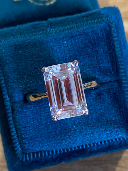 5 Carat Emerald Cut Moissanite Engagement Ring in Sterling Silver Katherine James Jewellery 