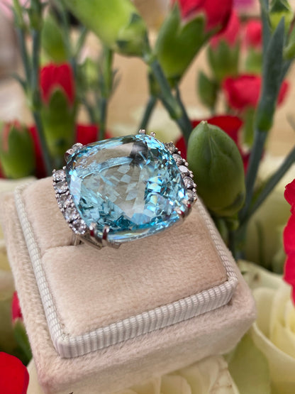 27.76 Carat Fancy Cut Cushion Aquamarine and Diamond Cocktail Ring in Platinum 