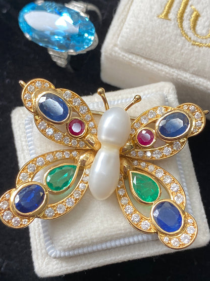 Baroque Pearl, Diamond, Emerald, Blue Sapphire and Ruby Butterfly Brooch in 18ct Yellow Gold