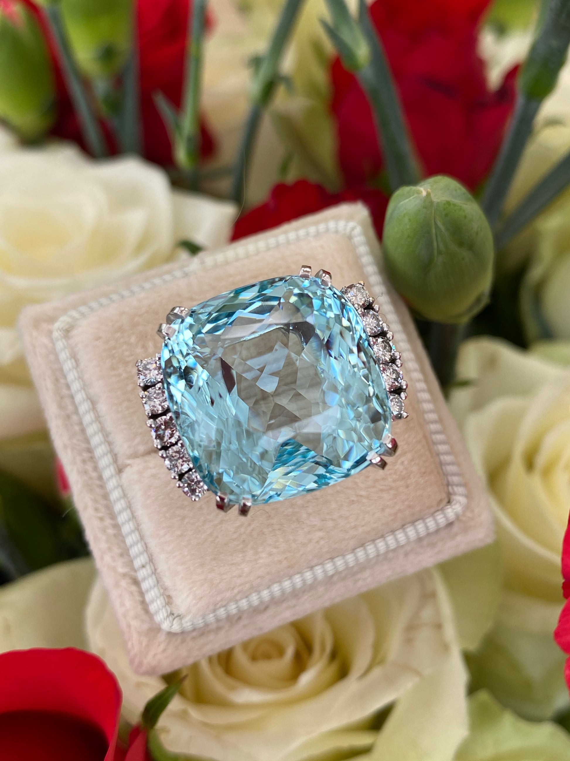 27.76 Carat Fancy Cut Cushion Aquamarine and Diamond Cocktail Ring in Platinum 