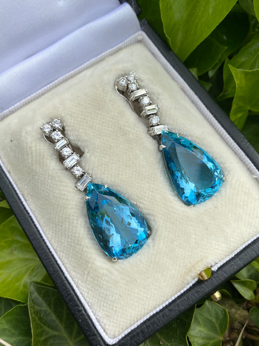 37.00 CTW Vintage Aquamarine and Diamond Drop Earrings in 18ct White Gold