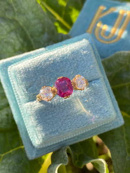 1.73 CTW Ruby and Diamond Antique Three-Stone Ring in 18ct Yellow Gold