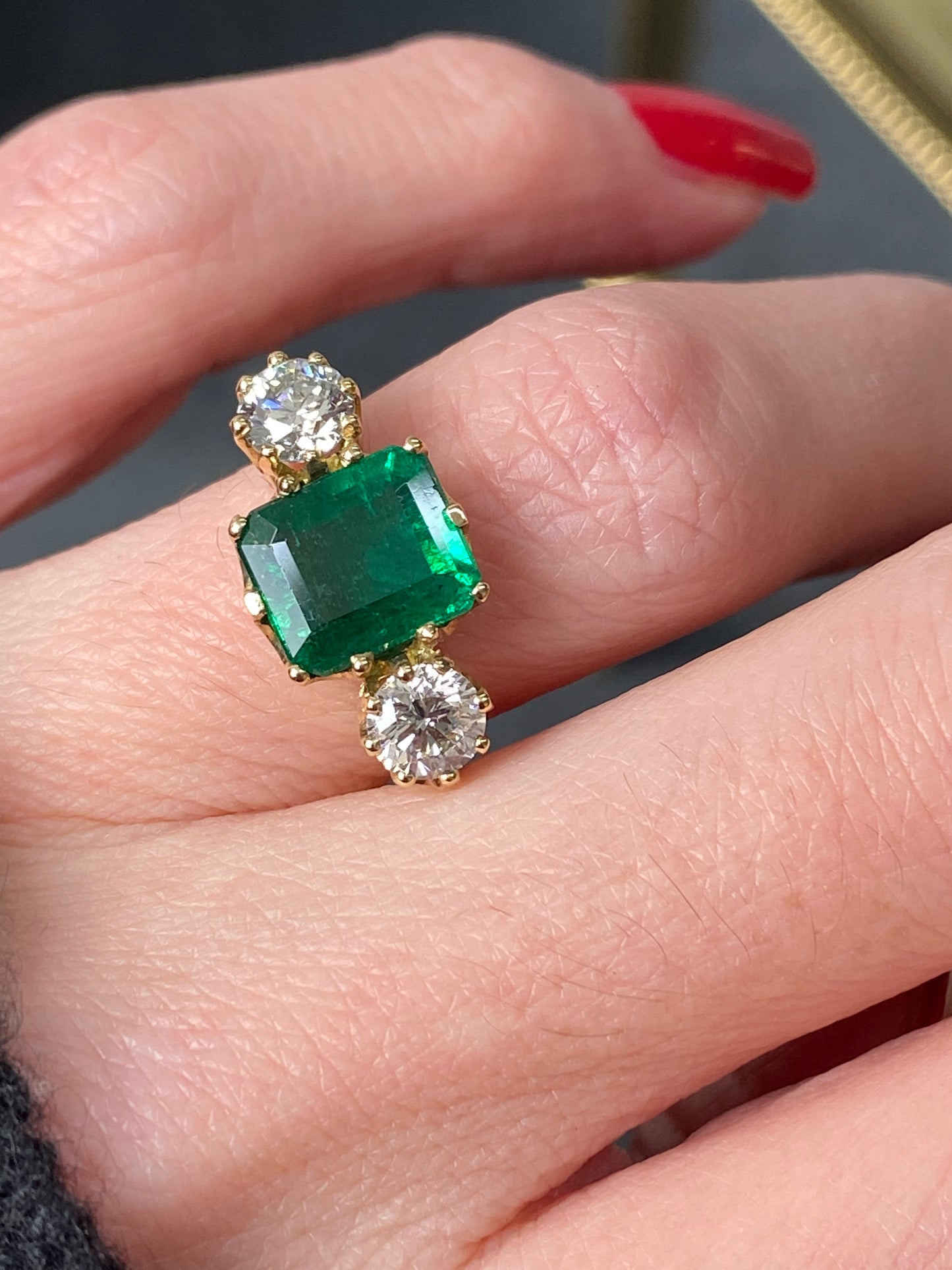 3 Carat Emerald and Diamond Three Stone Engagement Ring in Yellow Gold 