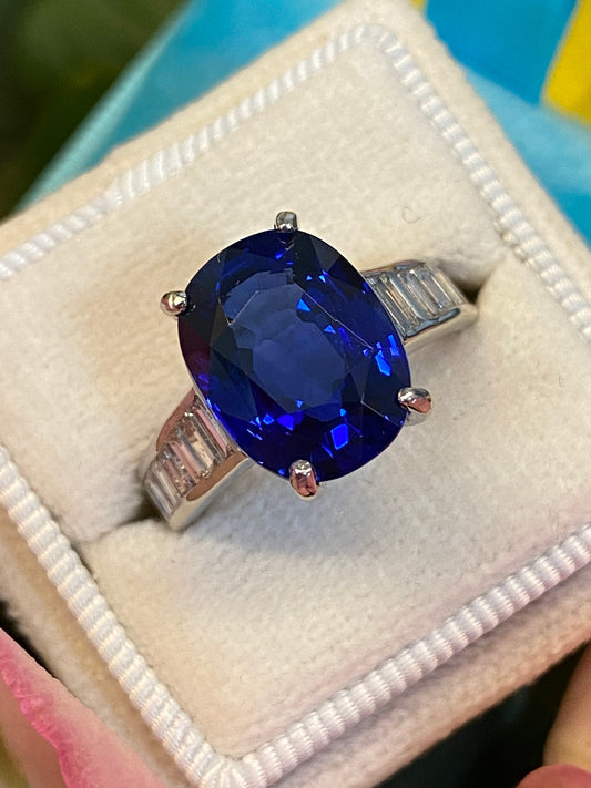 Oval Cut Blue Ceylon Sapphire Unheated and Diamond Art Deco Style Engagement Ring in Platinum 