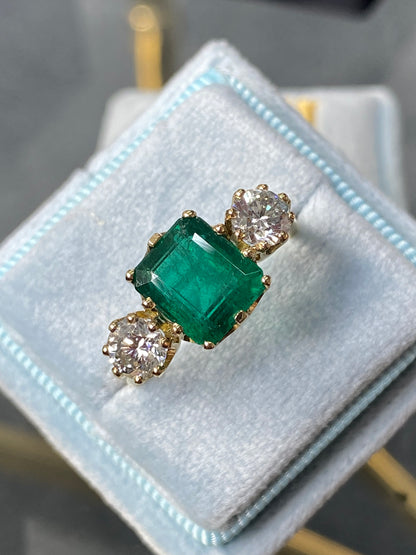 3 Carat Emerald and Diamond Three Stone Engagement Ring in Yellow Gold 