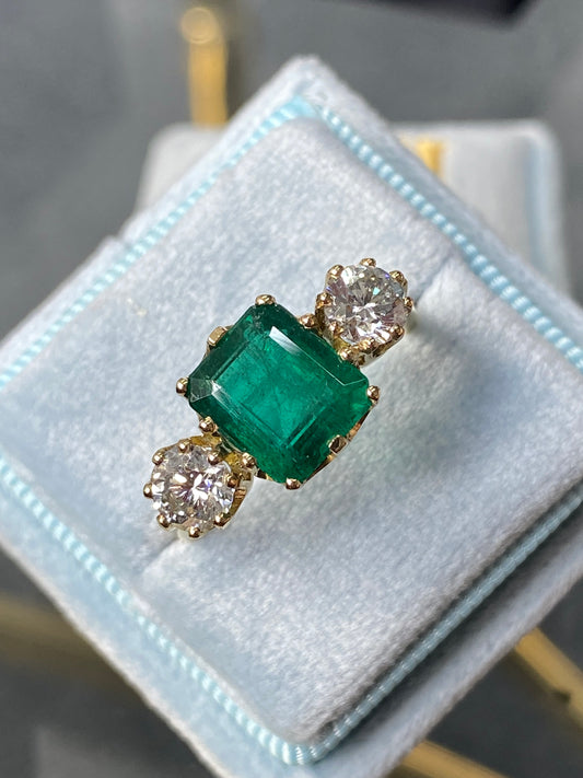 3 Carat Emerald and Diamond Three Stone Engagement Ring in Yellow Gold 