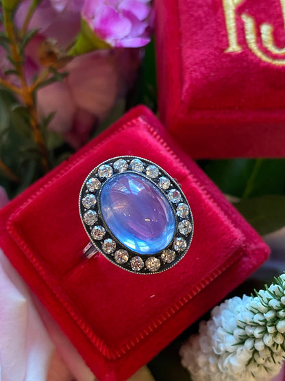 Antique No Heat Cabochon Blue Sapphire and Diamond Halo Ring 