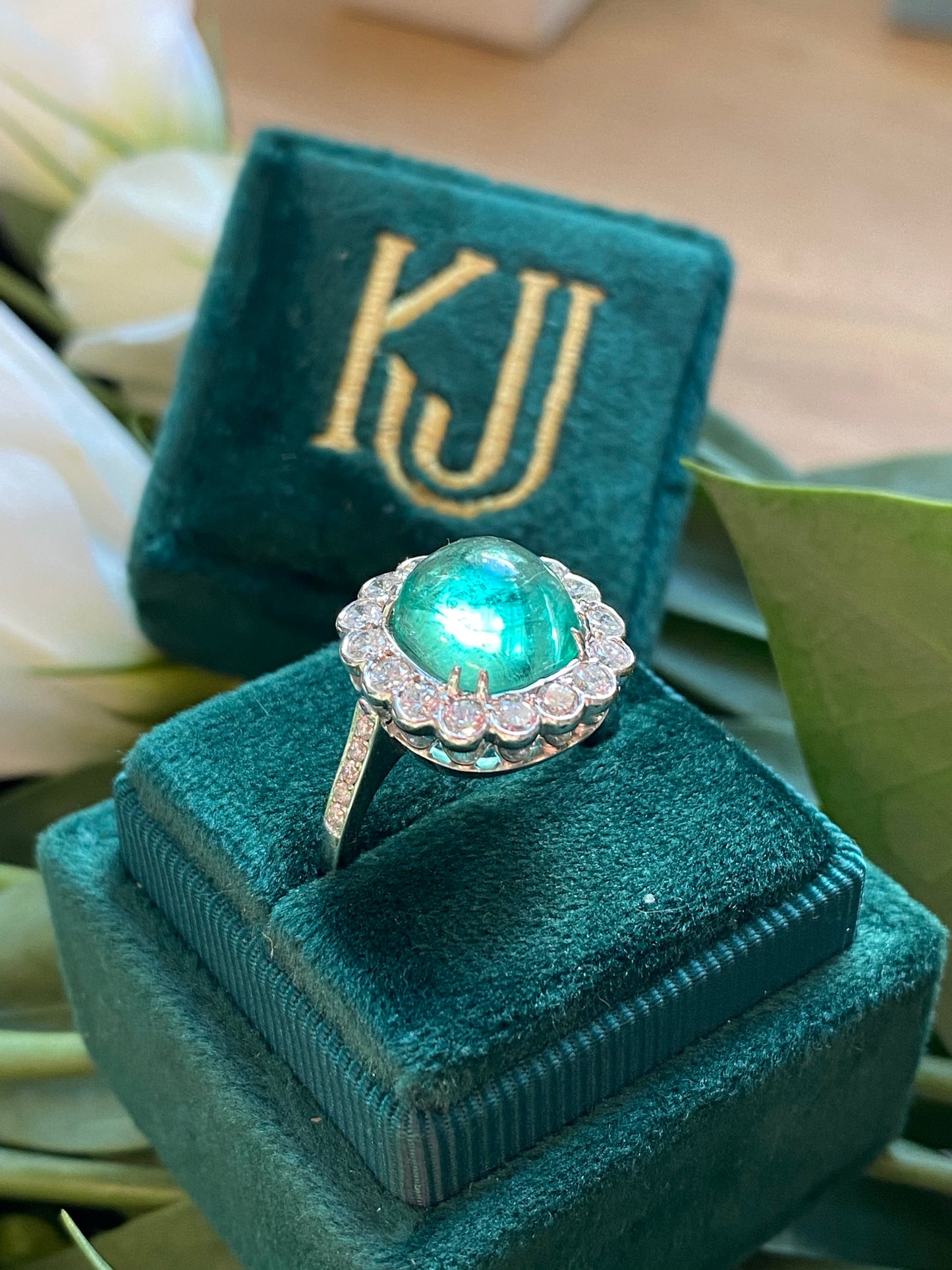 4.66 Carat Cabochon Colombian Emerald and Diamond Ring