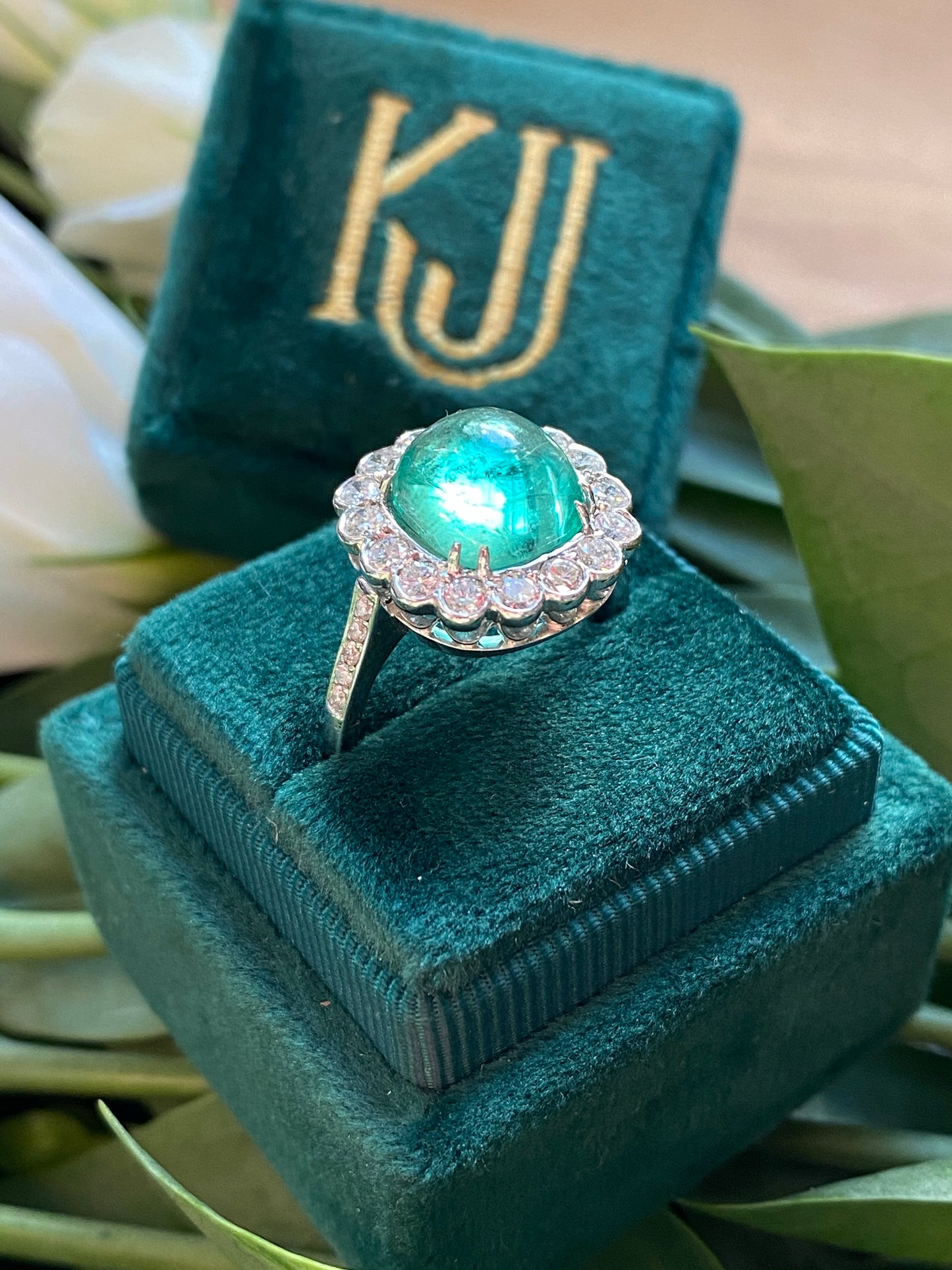 4.66 Carat Cabochon Colombian Emerald and Diamond Ring