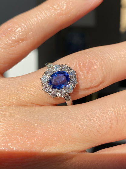 2 Carat Oval Blue Sapphire and Diamond Halo Antique Edwardian Style Engagement Ring in Platinum 