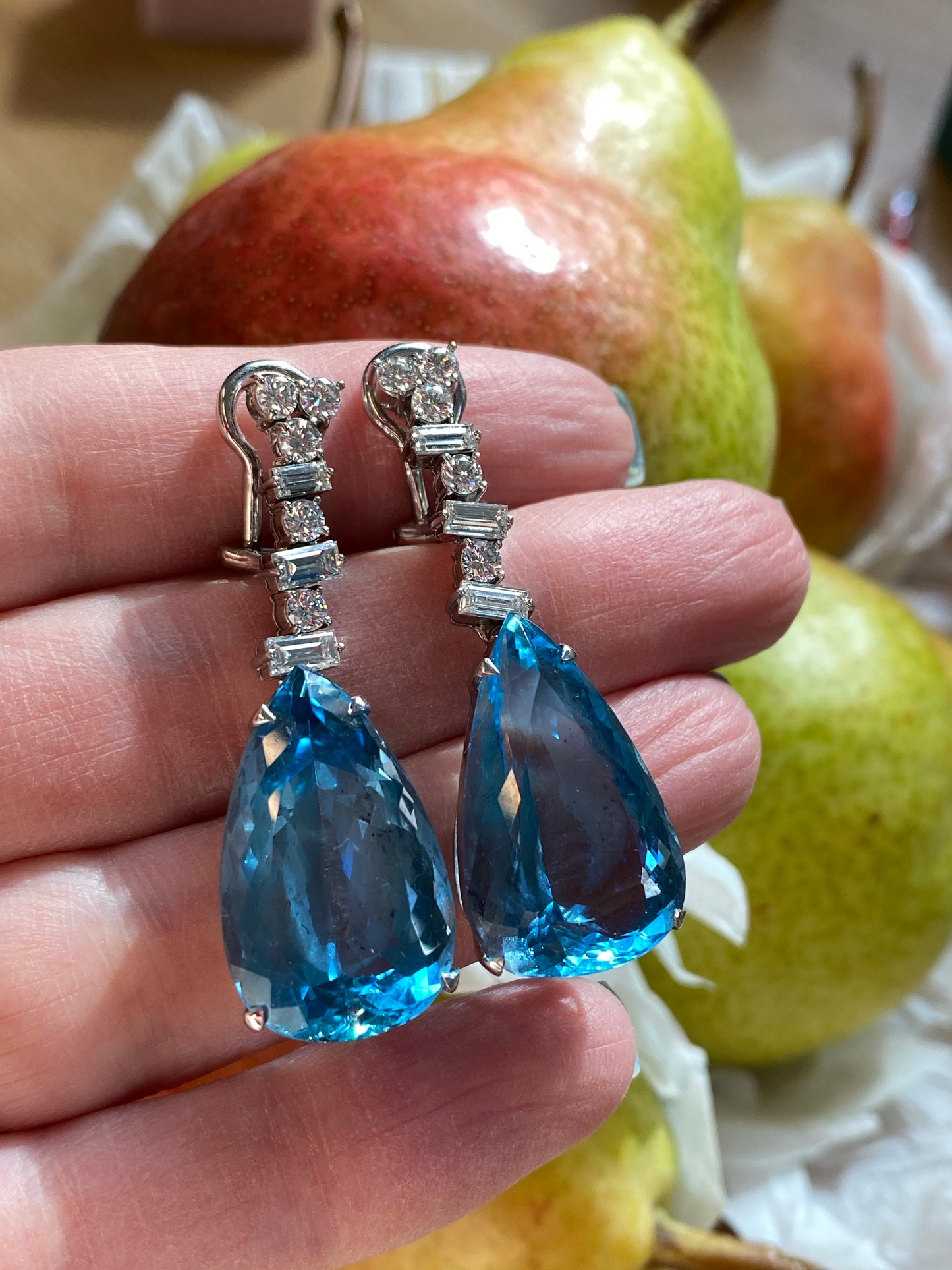 Pear Cut Aquamarine and Diamond Vintage Drop Earrings in White Gold