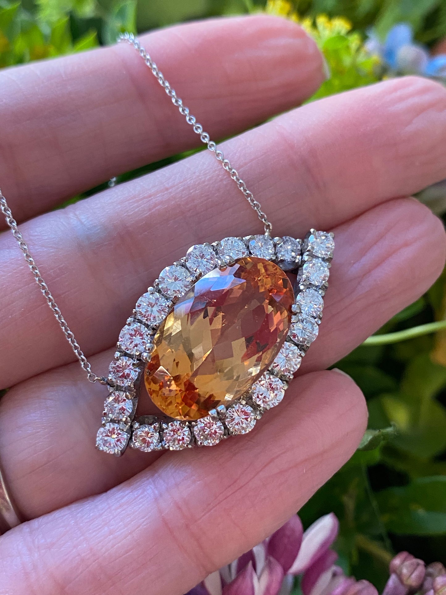 Oval Cut Imperial Topaz and Diamond Vintage Necklace in White Gold 