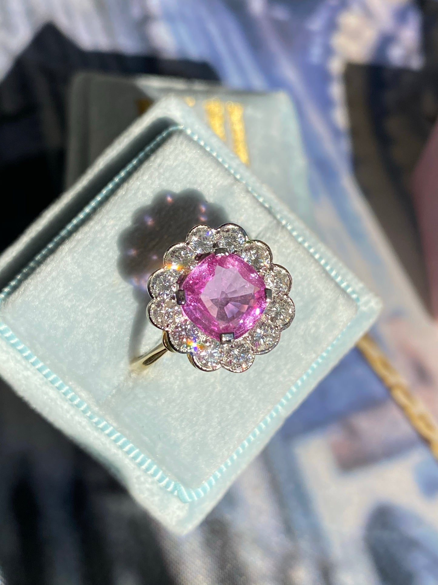 2 Carat Pink Sapphire and Diamond Antique Style Halo Engagement Ring in White and Yellow Gold 