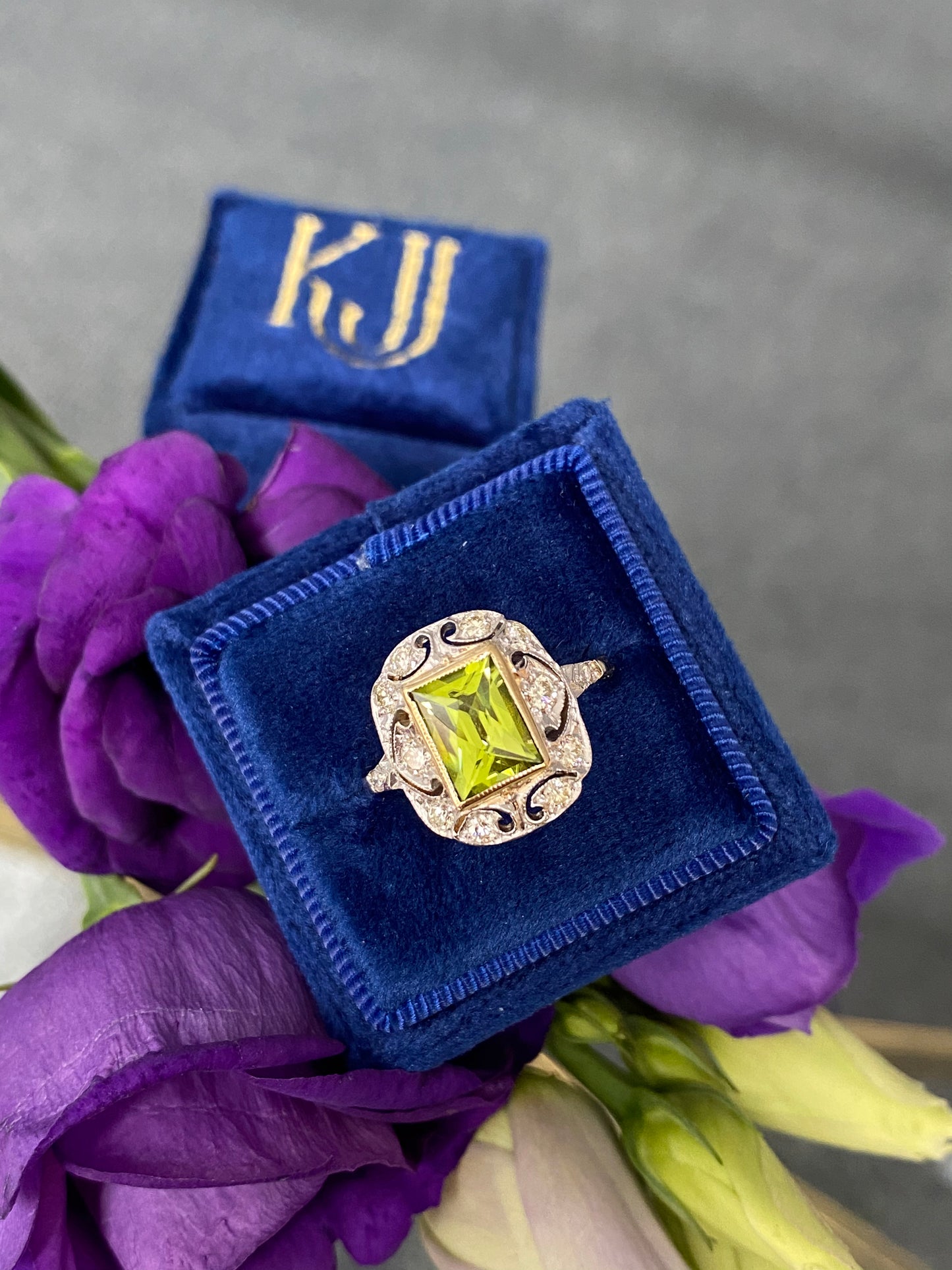 1.60 Carat Peridot and Diamond Art Deco Halo Ring in Platinum and 18ct Gold