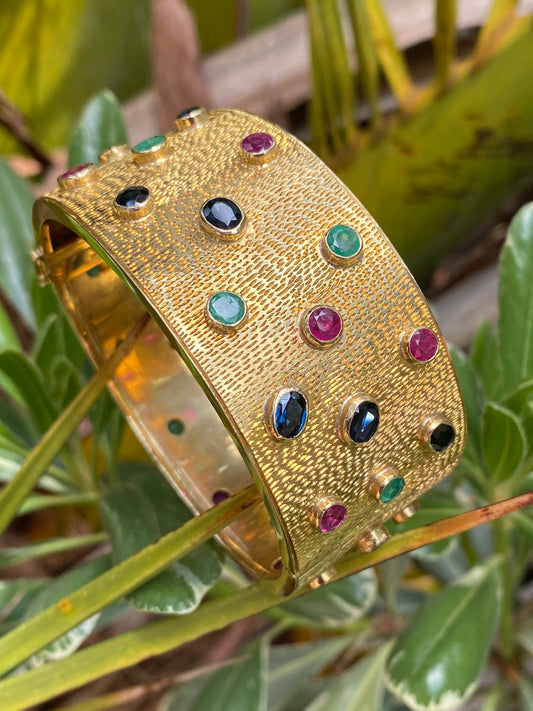 Vintage Ruby, Blue Sapphire and Emerald Bezel Set Cuff Bangle Bracelet in 18K Yellow Gold 