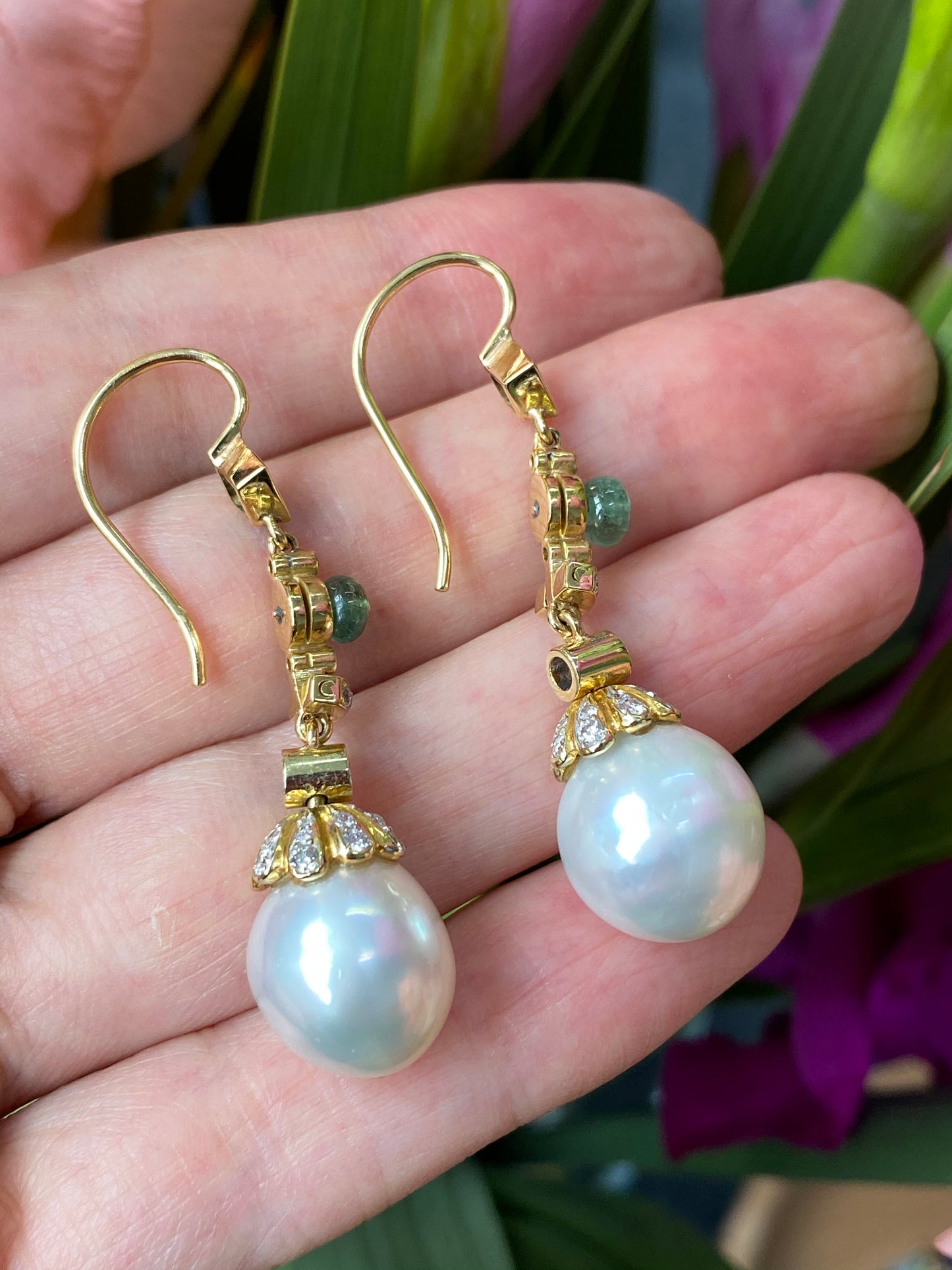 Diamond, Emerald and South Sea Pearl Drop Earrings in 18ct Yellow Gold