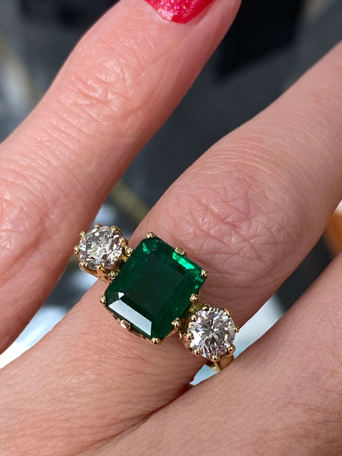 3 Carat Emerald and Diamond Three Stone Engagement Ring in Yellow Gold 