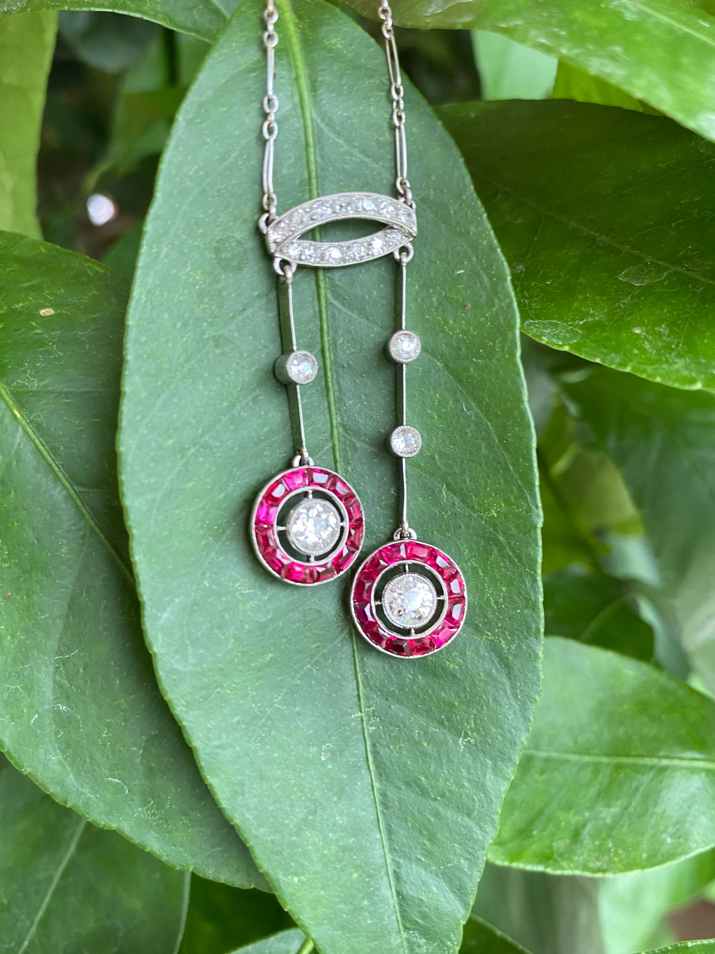 Antique Art Deco Ruby and Old Cut Diamond Necklace in Platinum 